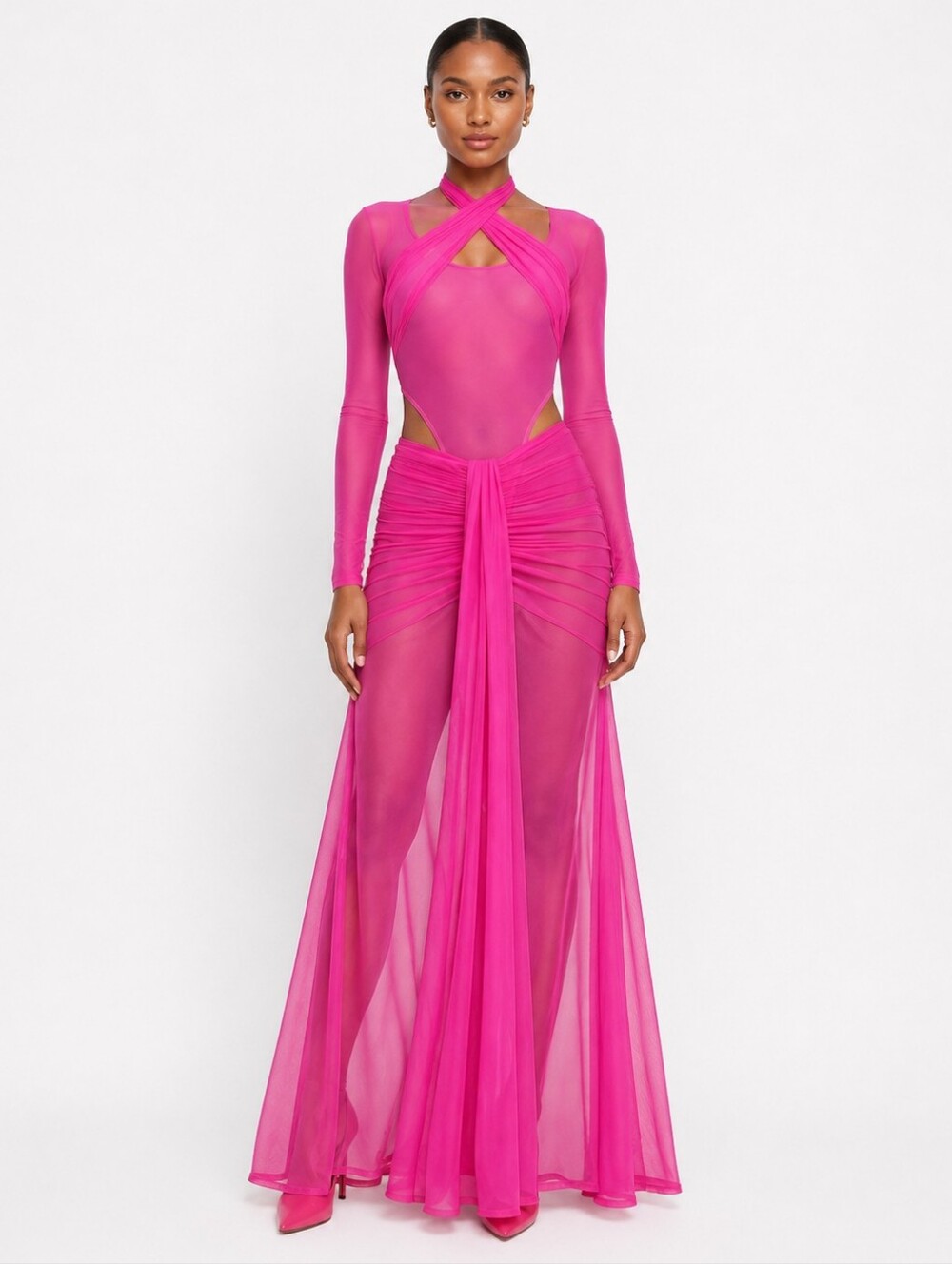 LaQuan Smith Crossover Halter Neck Mesh Bodysuit In Fuchsia Nwot Size S